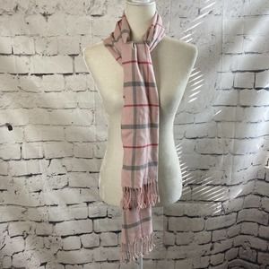 Made in Scotland Cashmere Pink Plaid Scarf Fringe Womens 73 X 12